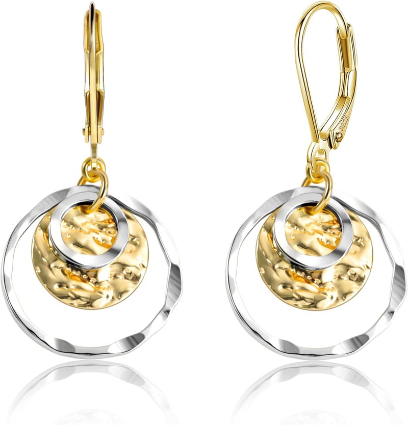 Lancharmed Sterling Silver Disc Leverback Earrings for Women Gold and Silver Circle Drop Dangle Earrings Jewelry Hypoallergenic Hammered Leverback Dangle Earrings for Gifts - Image 1